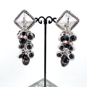 NWOT - Large Black & Copper Glass Beaded Dangle Silver Tone Clip Earrings